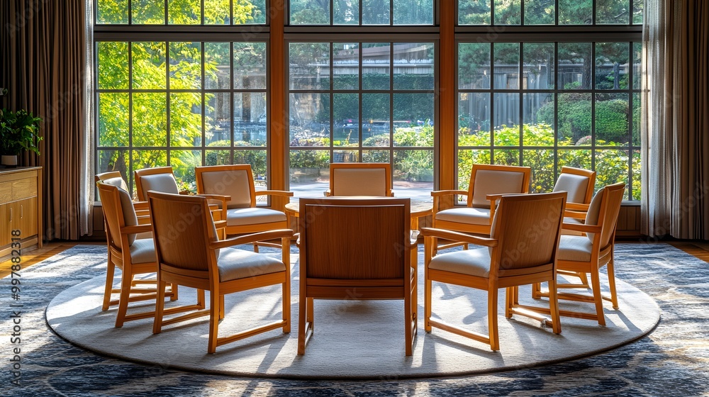 Fototapeta premium A circle of elegant wooden chairs on a neutral carpet, in a grand negotiation hall with large windows, symbolizing fairness and diplomacy. Classic, Warm tones, Natural light