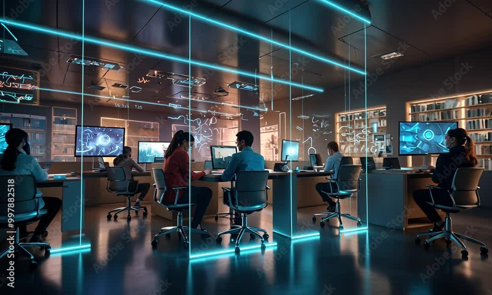 A virtual classroom interface projected onto a wall, with students interacting remotely via holographic avatars A virtual classroom interface projected onto a wall, with students interacting remotely via holographic avatars