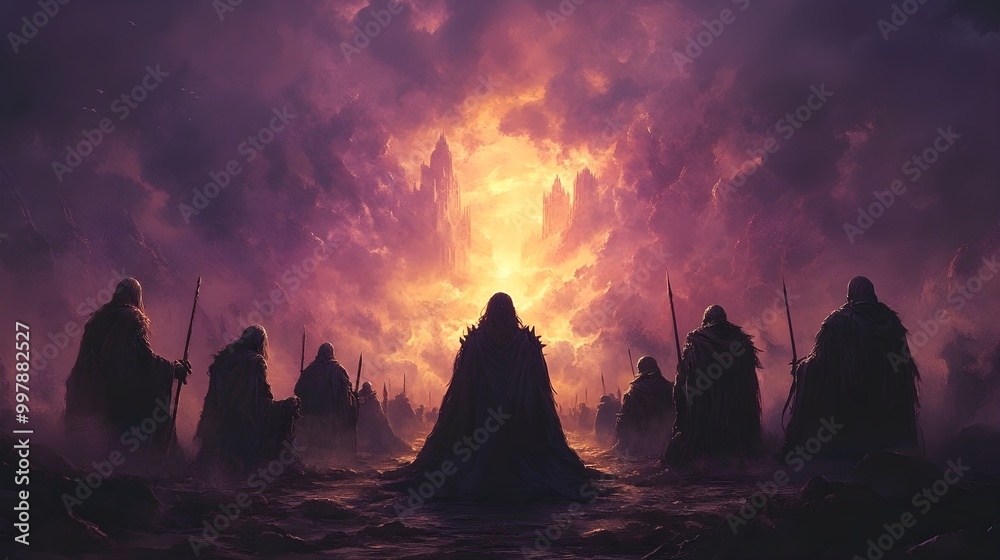 Naklejka premium A circle of knights kneeling before their queen, pledging loyalty in a mystical realm
