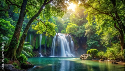 Eye level forest background with waterfall amidst foliage landscape scenery