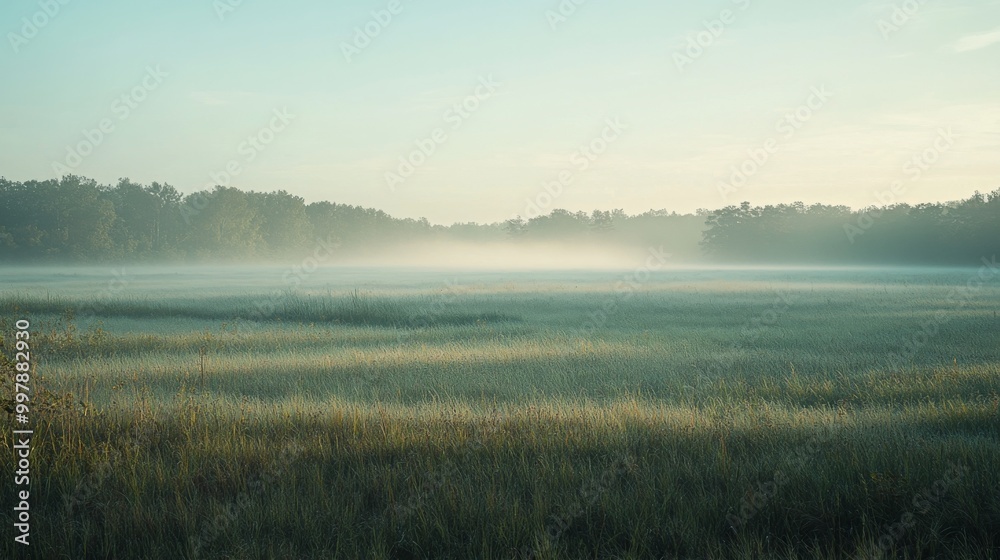 Misty Morning Landscape: Tranquil Grass Field at Sunrise Misty Morning Landscape: Tranquil Grass Field at Sunrise