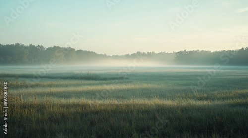 Misty Morning Landscape: Tranquil Grass Field at Sunrise