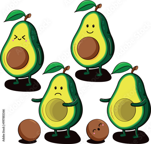 Avocado dropping seed. Collection of avocados personifying actions or activities of daily life, vector illustrations.