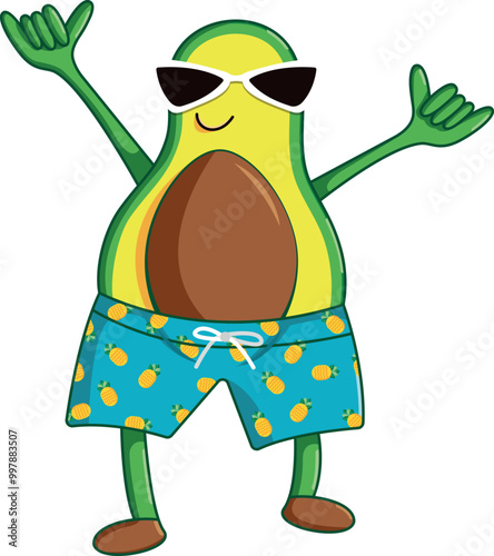 Beach Avocado. Collection of avocados depicting actions or activities of daily life, vector illustrations.