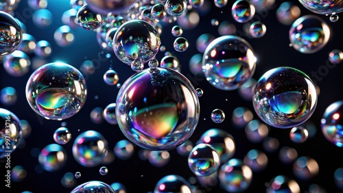 Wallpaper Mural Close-up of sparkling water droplets suspended in mid-air, reflecting light on a sleek black background, showcasing refraction and surface tension in a 3D rendering. Torontodigital.ca