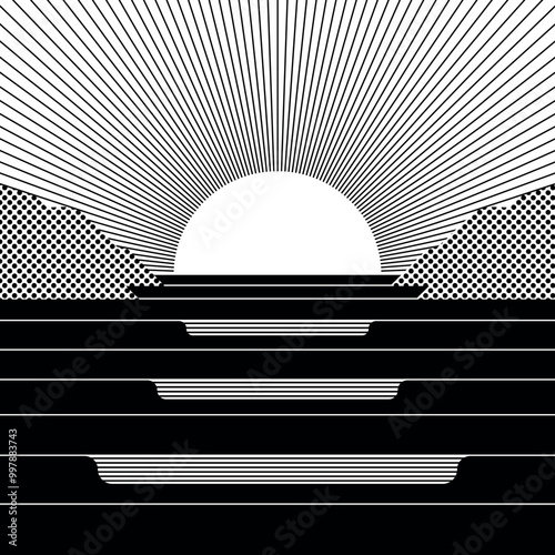 Minimalist black and white landscape of a sunrise with straight lines and geometric patterns.