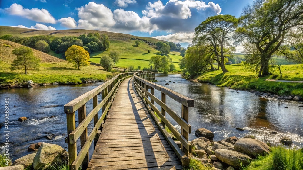 Eye level landscape of footbridge alongside River Wharfe on The Dales Way walk Eye level landscape of footbridge alongside River Wharfe on The Dales Way walk