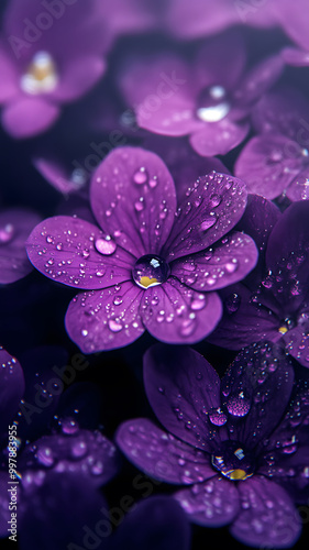 beautiful elegant purple color flowers and waterdrops on purple color background, dark theme, wallpaper design,