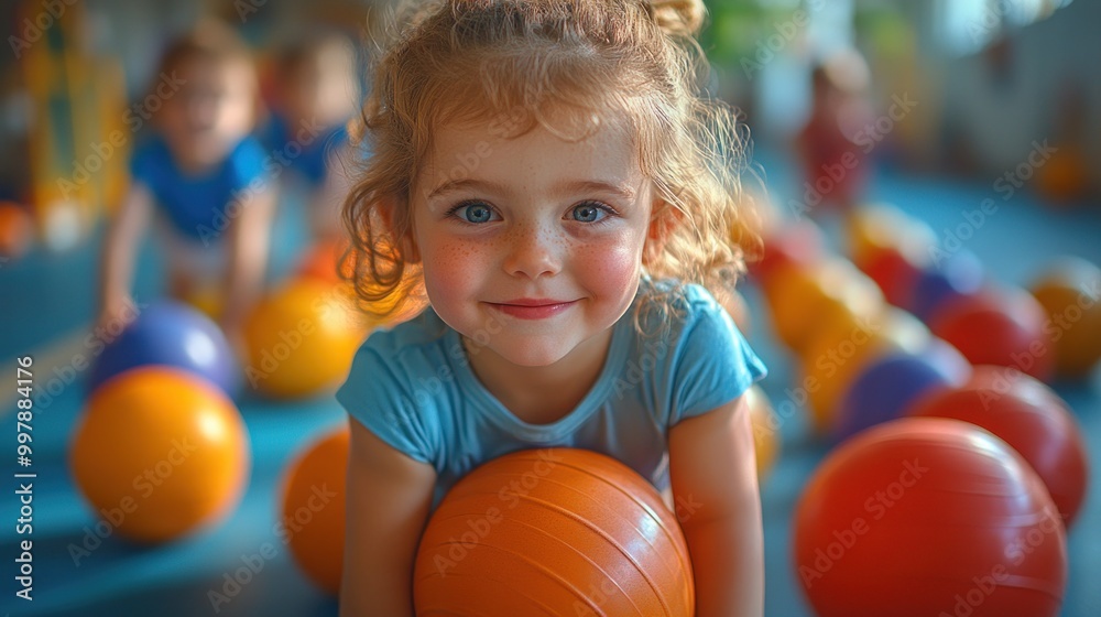 Fototapeta premium A cheerful child playing with colorful balls in a gym setting.