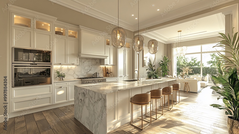 Modern kitchen with white cabinets, marble countertops, and a large ...