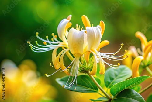 Eye Level lonicera japonica thunb or japanese honeysuckle yellow and white flower in garden photo