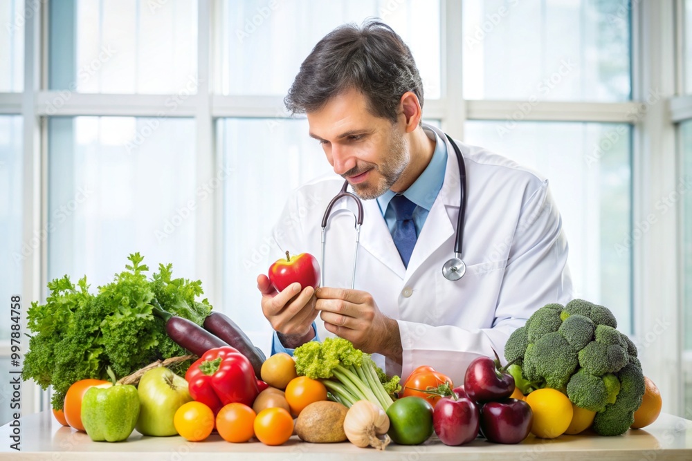Fototapeta premium A doctor is writing on a tablet while surrounded by various fruits