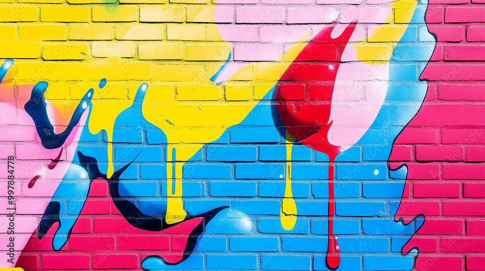 Fototapeta premium Pop art comic street graffiti with vibrant pink yellow blue red color flow wave on brick wall. Dirty wall background poster. Copy paste area for text and brand.