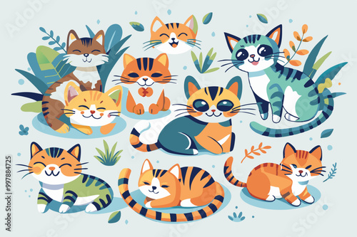 Playful Collection of Cute Cartoon Cats in Various Poses