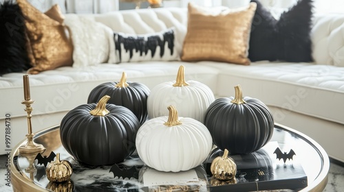 Chic Halloween Elegance: Stylish Black and White Pumpkins with Gold Accents on Coffee Table with Bat Figurines