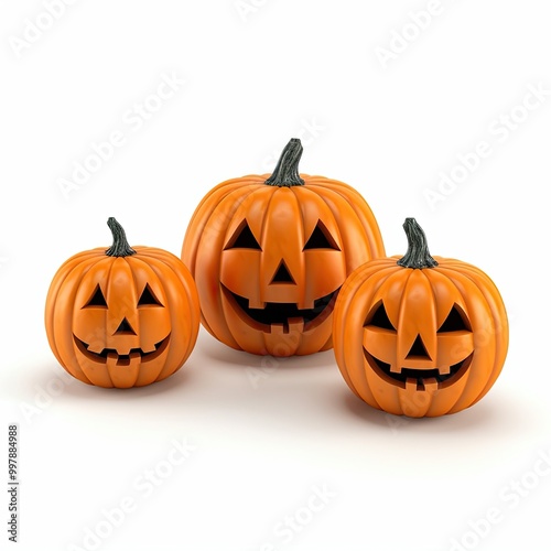 Three Smiling Pumpkins Featuring a Detailed Carved Faces isolated on white background. A cheerful jack lanterns for Halloween decorations and seasonal celebrations