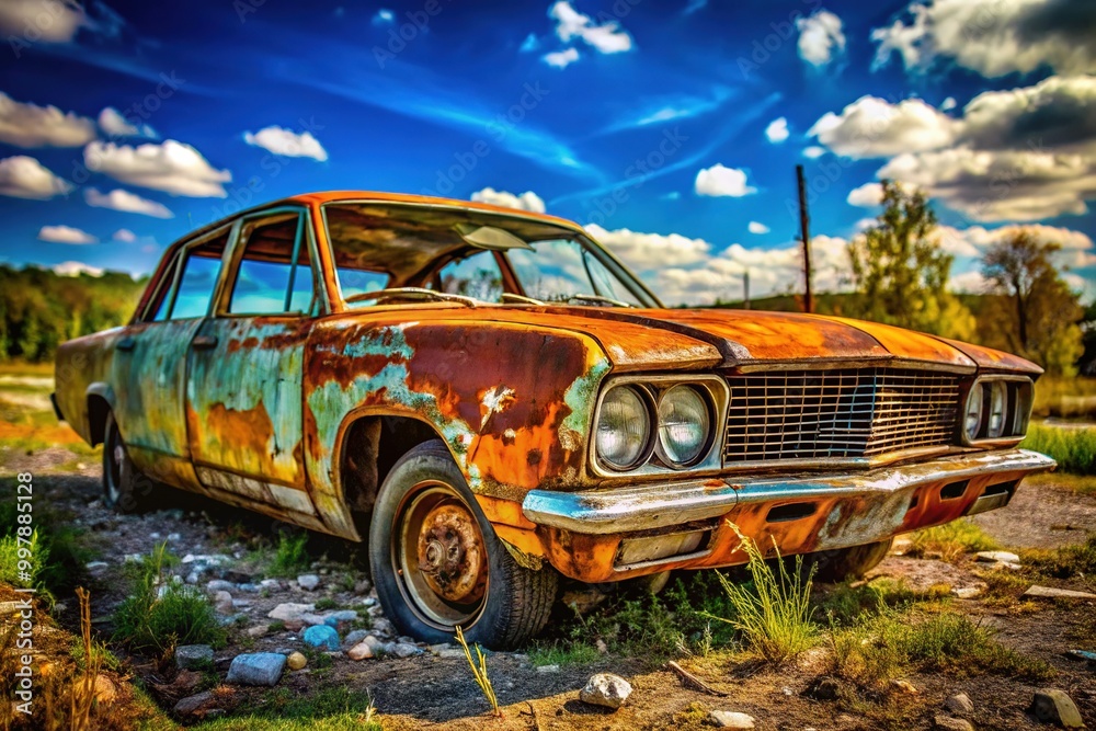 Abandoned clunker car in a deserted lot, showcasing rust and decay against a cloudy sky backdrop Abandoned clunker car in a deserted lot, showcasing rust and decay against a cloudy sky backdrop