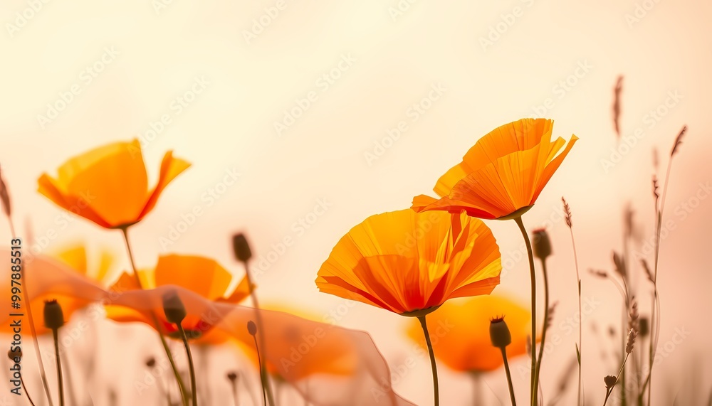 Fototapeta premium Translucent Orange Flowers in an Abstract Pastel Landscape