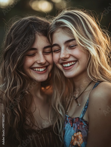 A delightful moment unfolds as two young women share laughter and confidences, highlighting their special sisterly bond.