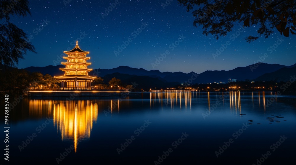 Fototapeta premium Serene Night Landscape with Illuminated Pagoda and Starry Sky