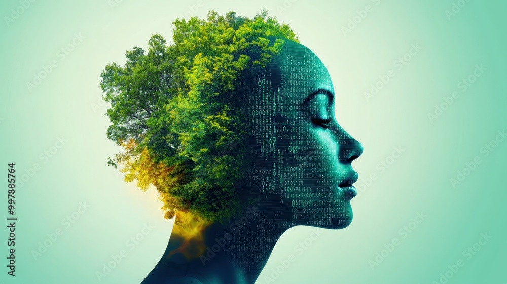Digital Transformation Symphony: Human Silhouette Fused with Binary Codes and Eco-Friendly Elements Signifying AI-Driven Global Evolution by 2025 Digital Transformation Symphony: Human Silhouette Fused with Binary Codes and Eco-Friendly Elements Signifying AI-Driven Global Evolution by 2025