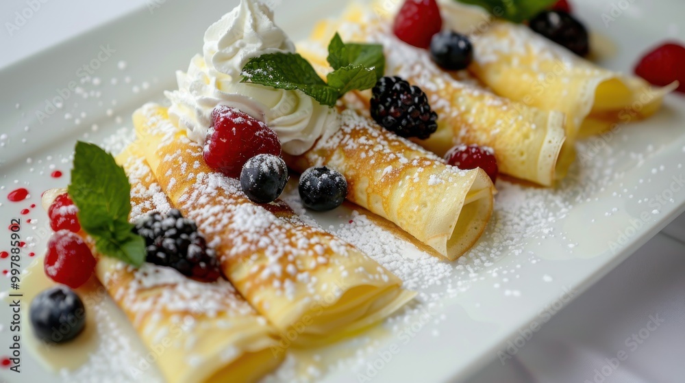 A plate of pastries with powdered sugar and berries on top A plate of pastries with powdered sugar and berries on top