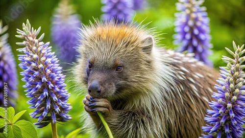 Eye Level Porcupine Erethizon dorsatum Munches on Lupine Stalk in Summer photo