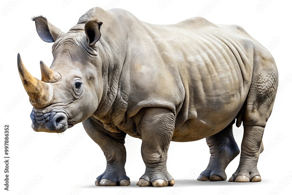 Fototapeta premium Eye level rhino isolated on white background with clipping path.