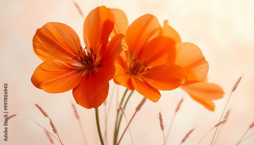 Abstract Botanical Scene with Glowing Orange Flowers Abstract Botanical Scene with Glowing Orange Flowers