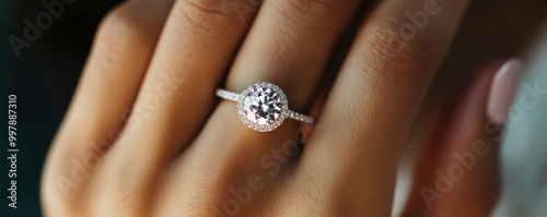 Close-up shows a hand delicately setting a big diamond engagement ring on another hand's ring finger