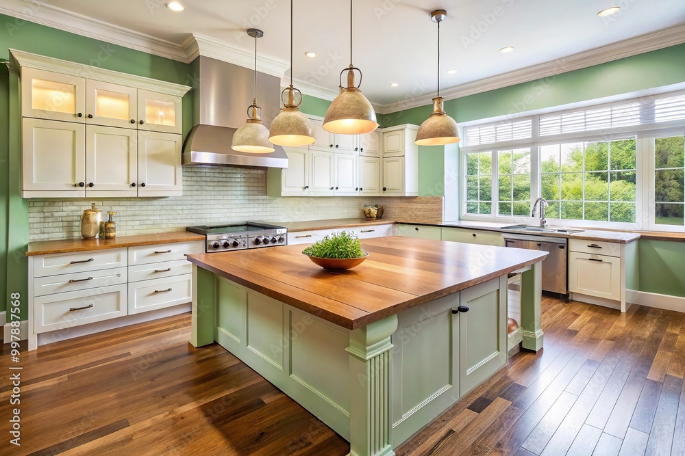 Fototapeta premium Eye level spacious kitchen with light green and sky blue walls, large wooden island, and pendant lighting