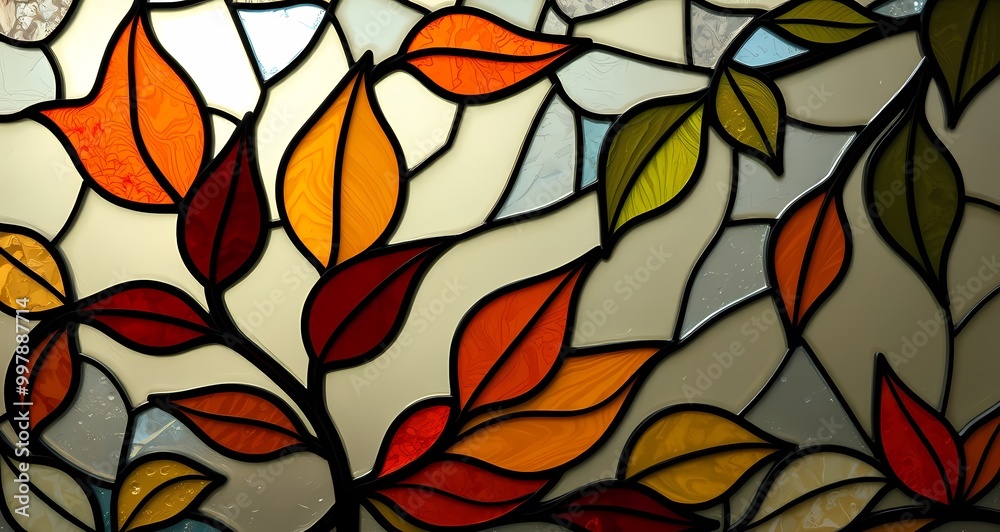 Intricate Stained Glass Composition with Organic Leaf Shapes in Rich Colors Intricate Stained Glass Composition with Organic Leaf Shapes in Rich Colors