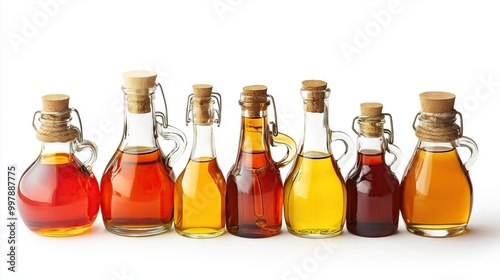 different glass bottles filled with various types of oil, on white background