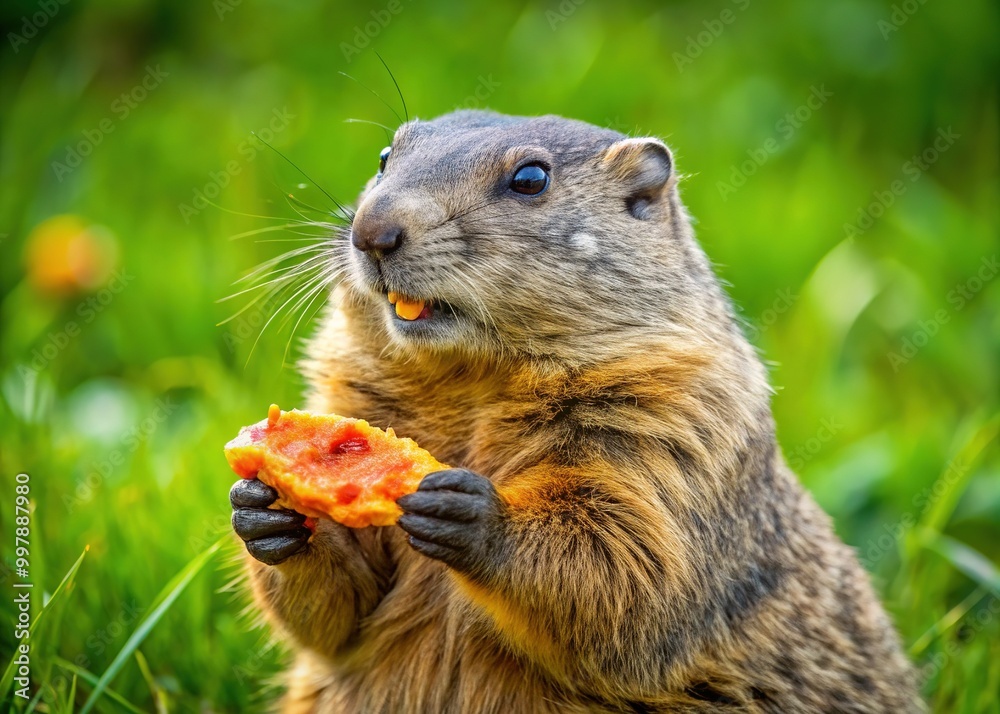 Adorable groundhog indulging in a delicious slice of pizza, captivating camera with its munching moment Adorable groundhog indulging in a delicious slice of pizza, captivating camera with its munching moment