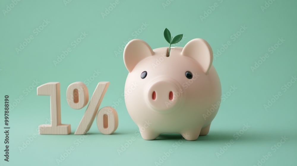 Obraz premium Minimalist Piggy Bank with Growing Leaf and 1% Symbol on Green Background – Concept of Financial Growth and Savings Strategy