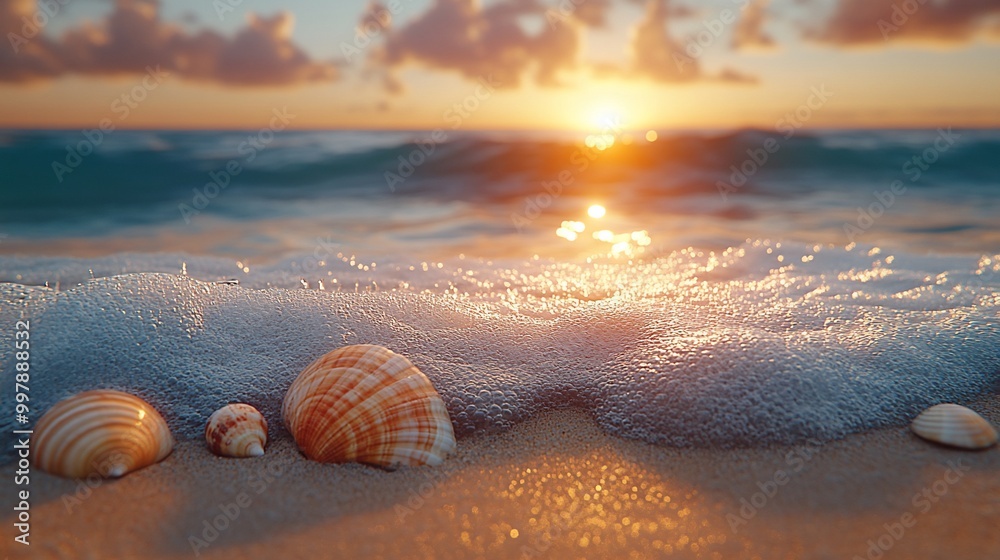Seashells on the sandy beach at sunset with wave foam. Seashells on the sandy beach at sunset with wave foam.