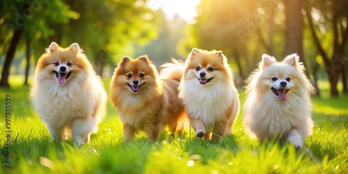 Adorable Pomeranian Dogs Playing Together in a Lush Green Park Under Bright Sunny Skies photo