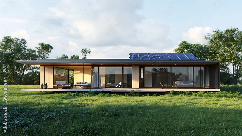 Obraz premium Modern House with Solar Panels in a Meadow