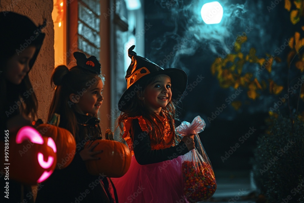 Naklejka premium Children in eerie outfits gleefully clutch their treat bags, reveling in the festive spirit of Halloween night.