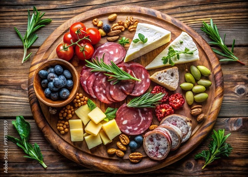 Artisanal Salumi and Formaggi Platter with Olives, Nuts, and Fresh Herbs on Rustic Wooden Board