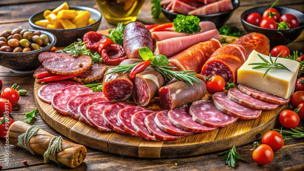 Assorted Cold Cuts and Meats Displayed on a Rustic Wooden Board for Gourmet Deli or Catering Use Assorted Cold Cuts and Meats Displayed on a Rustic Wooden Board for Gourmet Deli or Catering Use