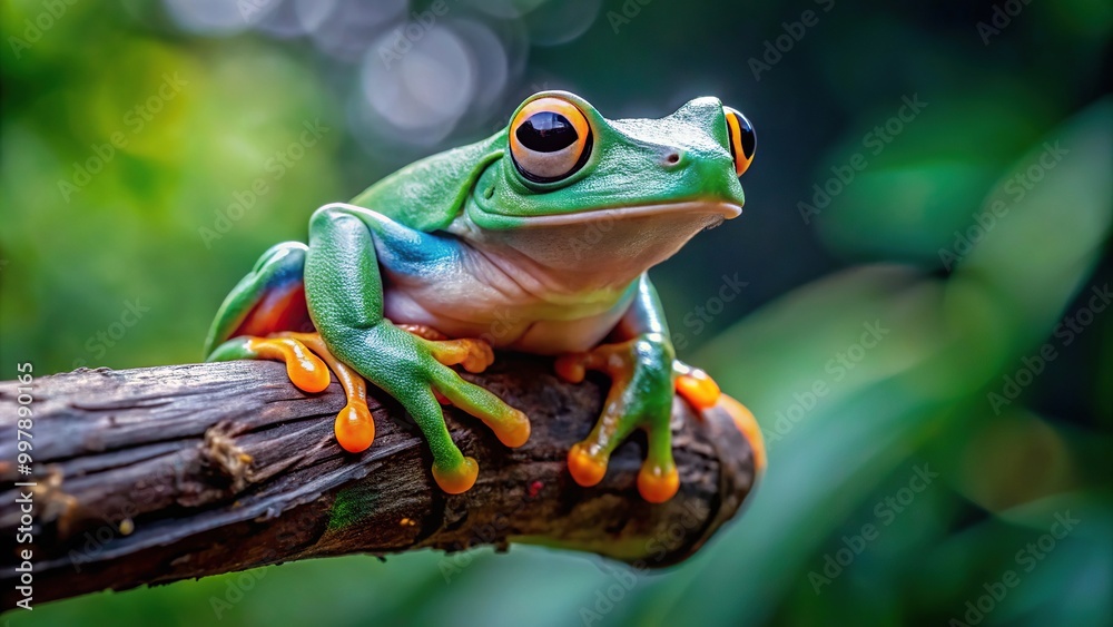 Eye level view of a Javan tree frog on a branch, also known as the ...