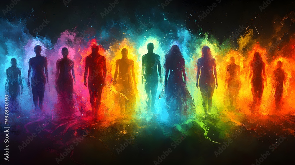 A group of ethereal figures standing in a circle, with each figure transitioning from birth to death and back to life, represented by glowing auras in vibrant colors. Psychedelic, Abstract