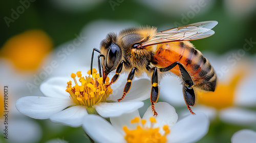 Honeybee Pollinates flowers, crucial for agriculture and food production photo