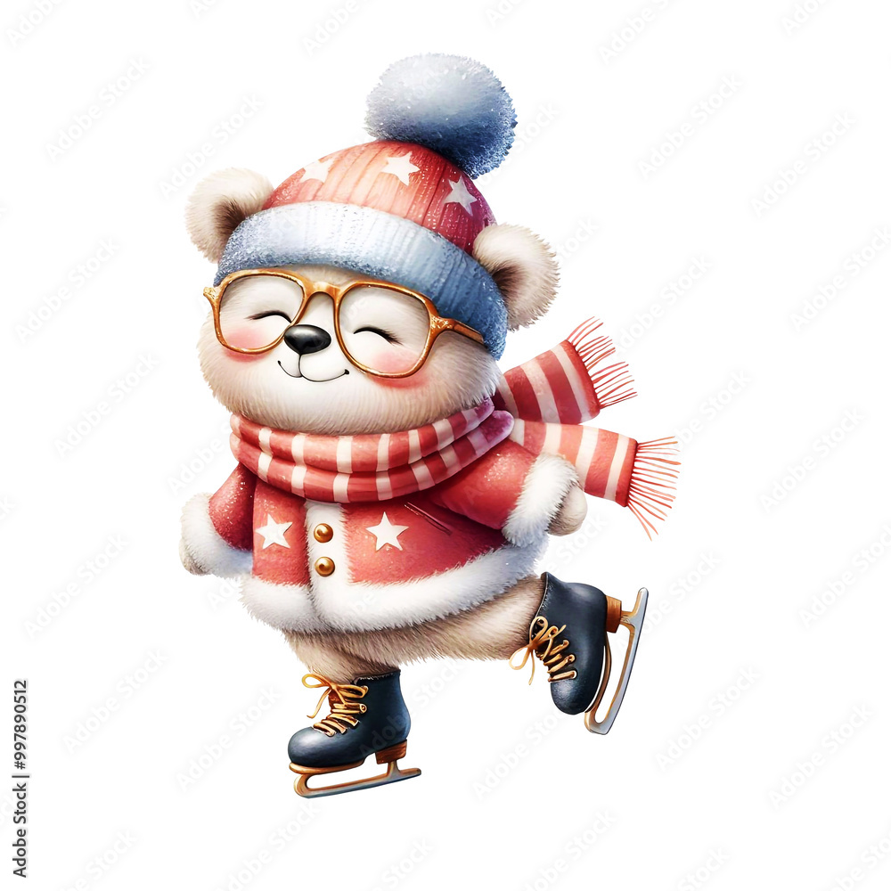 Cute Bear in a red hat fur coat and glasses is skating Watercolor painting Winter illustration Cute Bear in a red hat fur coat and glasses is skating Watercolor painting Winter illustration