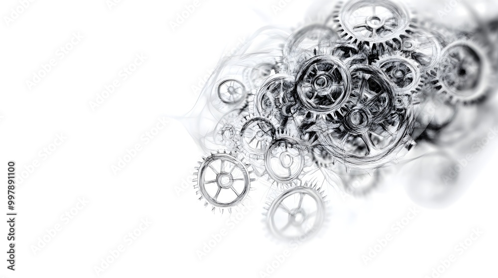 A highly detailed sketch of interconnected gears forming a circular system, symbolizing teamwork and the flow of ideas in various industries, drawn in black and white. Sketch, Industrial A highly detailed sketch of interconnected gears forming a circular system, symbolizing teamwork and the flow of ideas in various industries, drawn in black and white. Sketch, Industrial