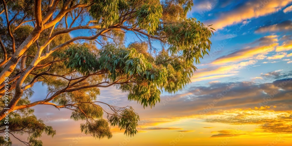 Eye level view of eucalyptus tree branches against the sunset sky Eye level view of eucalyptus tree branches against the sunset sky