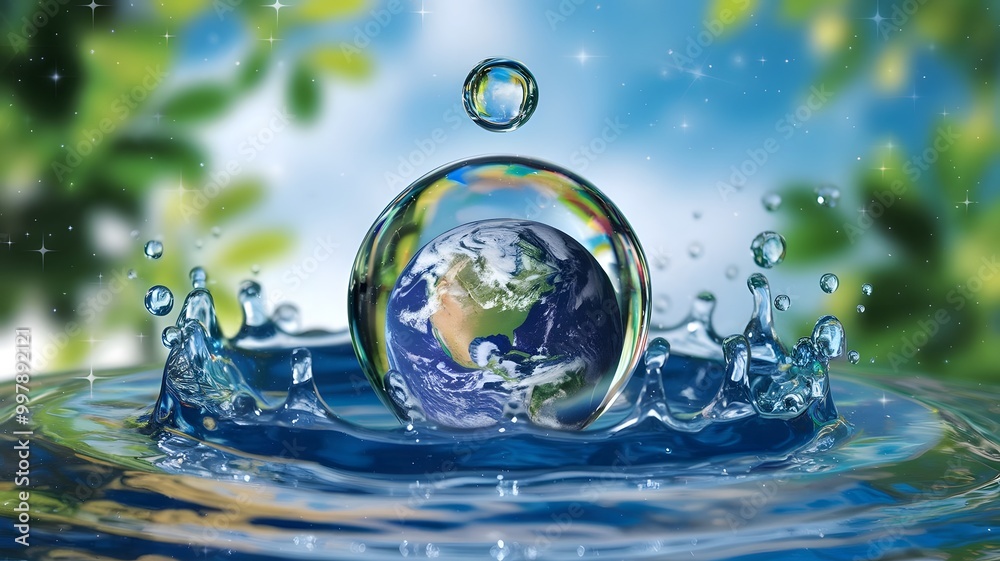 Earth in water drop. Nature environment and water protection concept Earth in water drop. Nature environment and water protection concept