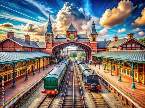 Captivating Train Station Photoshoot Featuring Vintage Trains, Architecture, and Urban Scenery photo