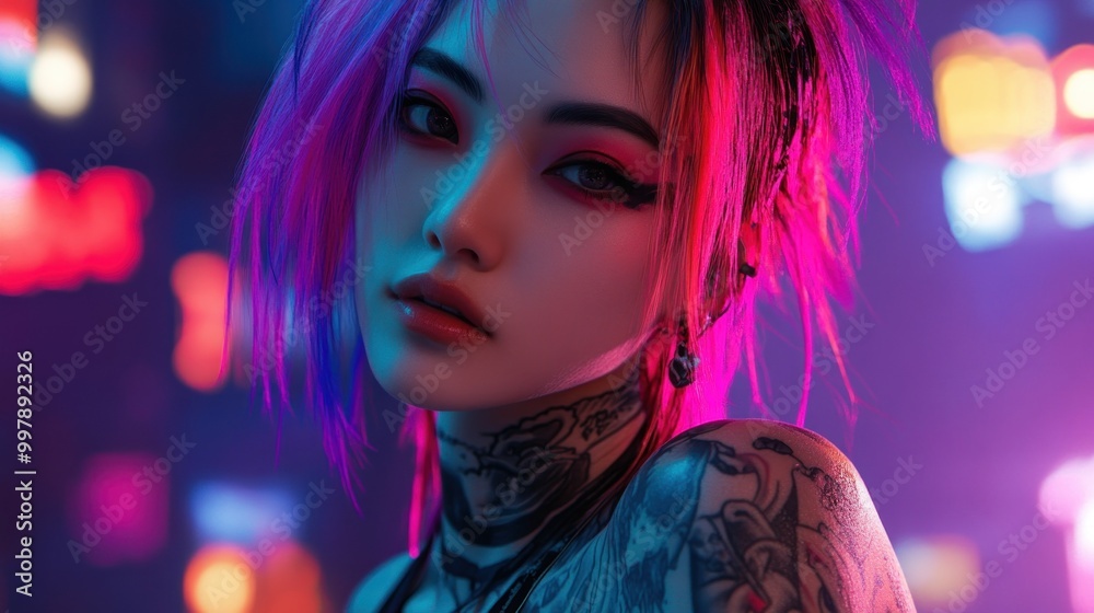 Fototapeta premium Cyberpunk Portrait of a Woman with Purple and Pink Hair
